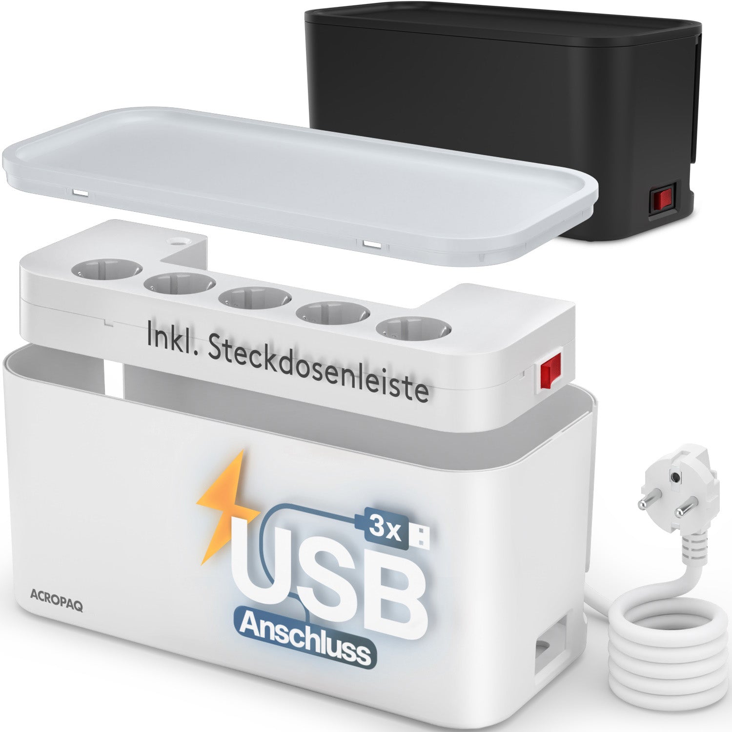 ACROPAQ Kabelbox inklusive Steckdose und USB-Ladegerät